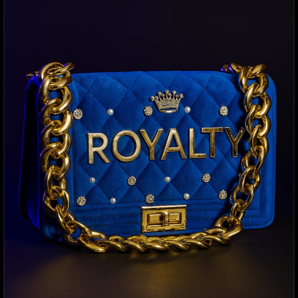 Royalty Blue Velvet Quilted Handbag – Gold Chain Luxury Crown Purse w/ Rhineston